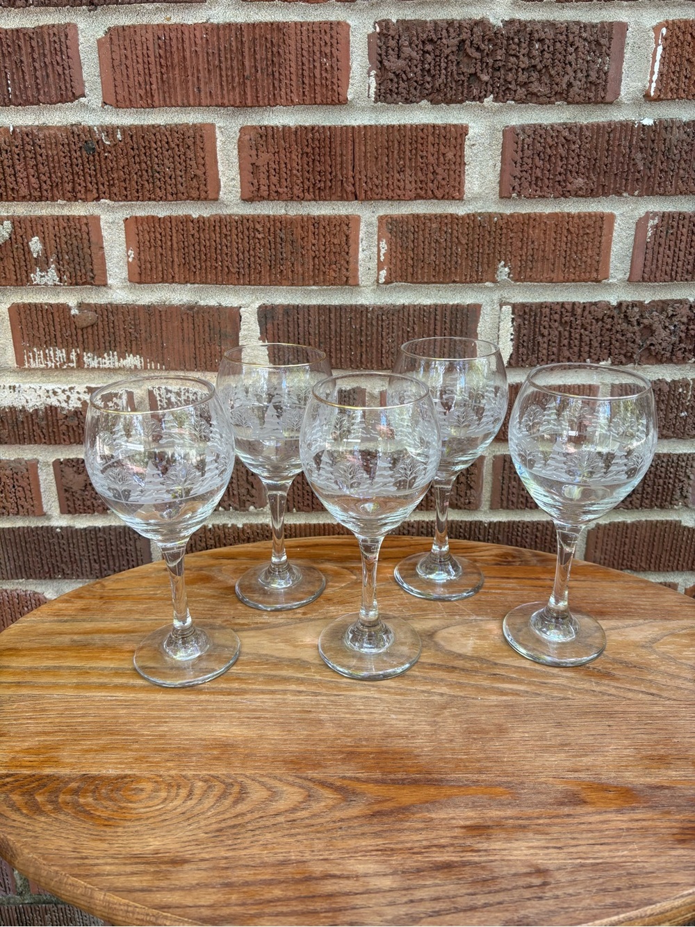 Libbey 7 3/4” Tall Goblets Winter Scene Frosted White Trees Gold Rim Set Of 5